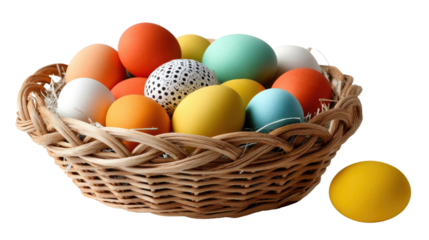 Easter eggs in Wicker Basket: A vibrant array of colorful easter eggs nested in a rustic wicker basket, evoking the spirit of springtime, renewal, and celebration.