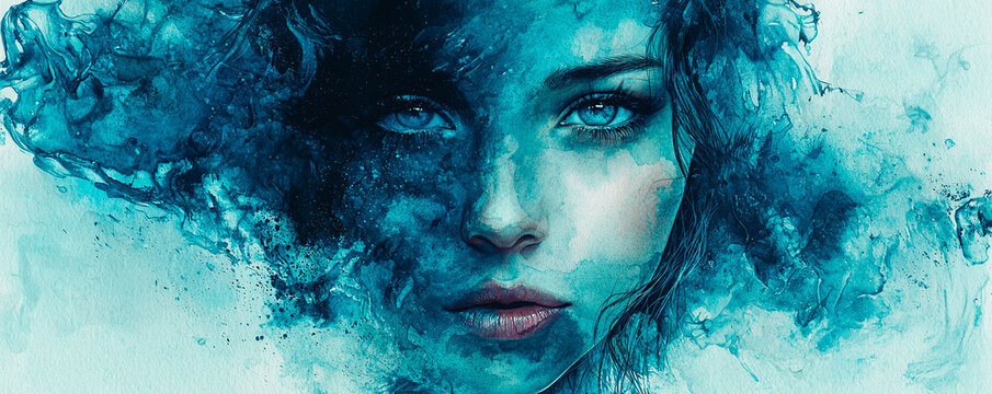 Fondo azul con rostro de mujer y efecto vintage desgastado