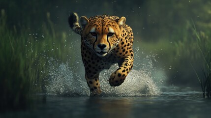 Fototapeta na wymiar Cheetah sprints, water, forest, dawn, wildlife