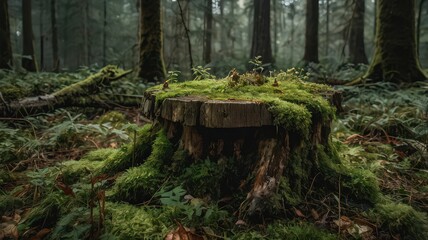 Old tree stump covered in vibrant green moss in a forest