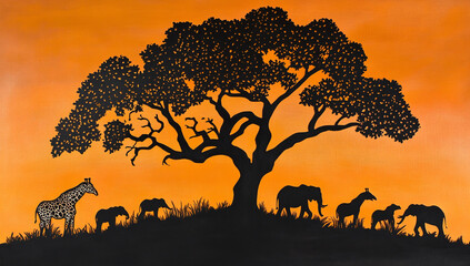 A silhouette of an acacia tree with giraffes and elephants against the backdrop of an orange sunset sky, creating a stunning African safari scene