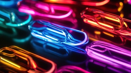 Neon paperclips glow, dark background