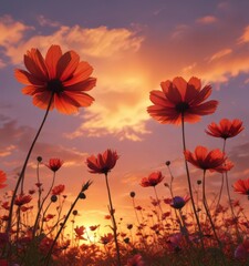 Sunset hues paint cosmos petals, silhouetted against fiery sky ,  scenic,  sunset,  astronomy
