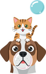 Cute kitten sitting on dog head with bubble vector illustration for tshirt printing projects 