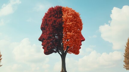 Conceptual 3D illustration of cognitive dissonance and rationalization showing a human head shaped tree symbolizing mental conflict, psychological tension, logic struggle, and emotional imbalance.