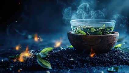 Steaming cup of tea, surrounded by tea leaves and smoke, over dark background