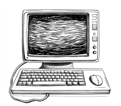 Black and white line drawing of an old computer with a monitor, keyboard, and mouse