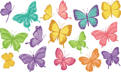 Cute butterfly vector. Crayon spring background. Pastel child butterfly art isolated. Simple flower color chalk hand drawn bg. Cartoon fairy doodle baby sticker.