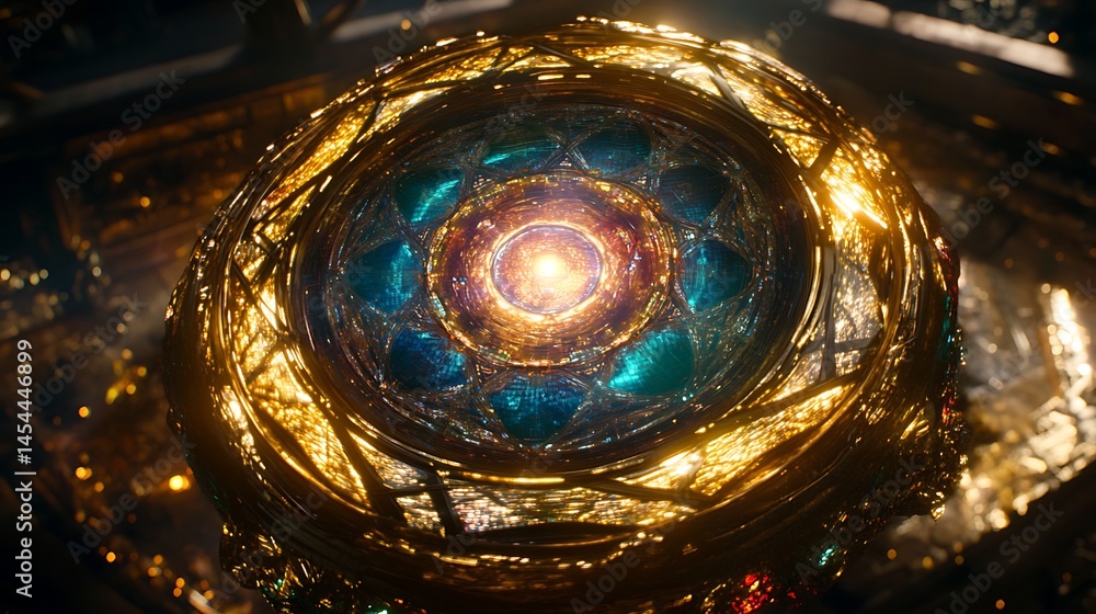 Poster intricate golden and blue orb with luminous patterns, set in a futuristic environment with glowing e