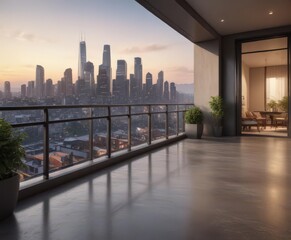 Obraz premium Spacious balcony overlooking cityscape, luxurious interior visible, furniture, shadow