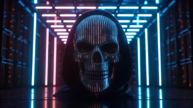 A digital art representation of a skull created from fragmented binary code strings.