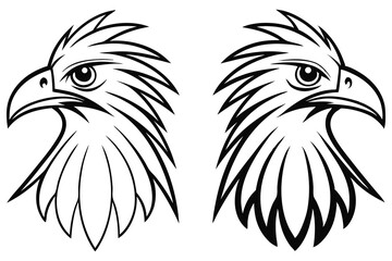 Two striking eagles gaze intensely, rendered in bold black lines against a white backdrop