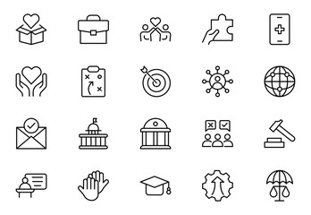 Naklejka premium Social Policy line icon set. icons related to education, reform, services, welfare, health care, legislation, society. Social Policy outline icons collection. Vector illustration.
