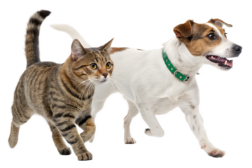 A tabby cat and a jack russell terrier dog running side by side with tails up on a transparent background
