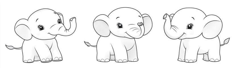 Fototapeta premium Three cute cartoon elephants standing, simple line art with no shading on a white background