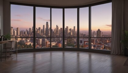 Obraz premium Stunning city vista from floor-to-ceiling window in luxury apartment, elegant, stylish, real estate