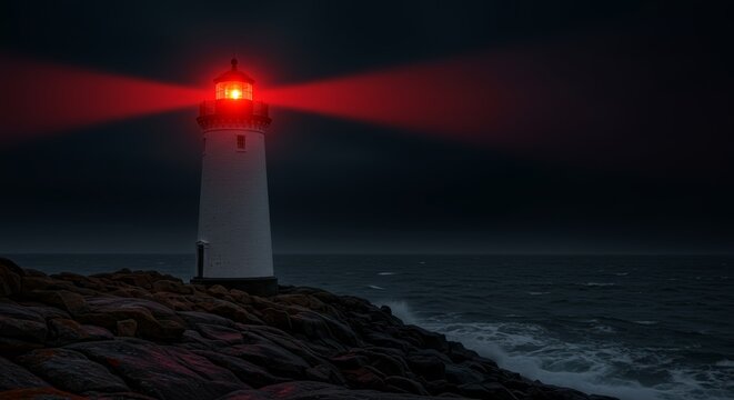 Dramatic seascape with a beacon emitting bright light from a coastal lighthouse