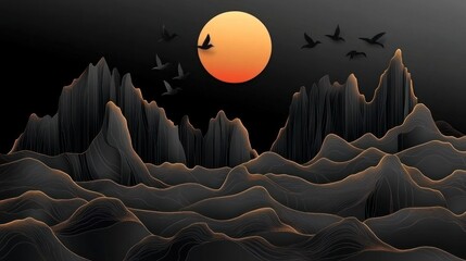 Fototapeta premium Sunset, birds, mountains, abstract art, wall decor