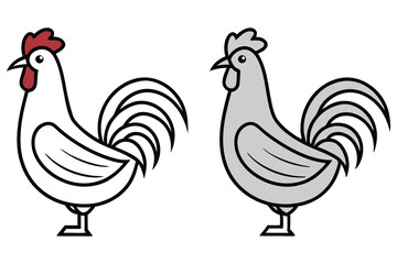 Two stylized rooster birds, one is white with red comb and one gray