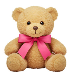 Adorable Plush Teddy Bear Gift with Vivid Pink Ribbon Isolated on PNG Background.