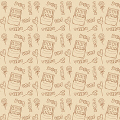 Seamless vector pattern with hand drawn sweets including chocolate bars, lollipops, rooster candies, wrapped candies and caramels. Fun and playful illustration for packaging design, wrapping paper