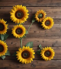 Obraz premium Several sunflowers displayed on aged wooden surface, natural lighting , detail, country, art