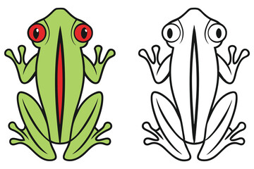A bright green tree frog with red eyes is next to an outline drawing