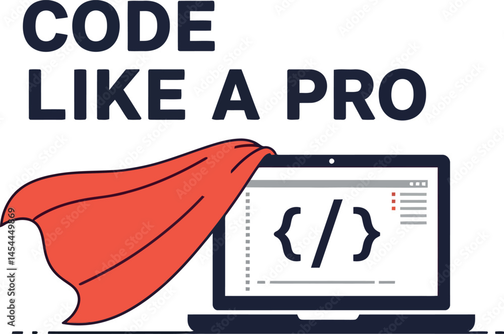 Poster programming code illustration with laptop and red cape superhero theme for tshirt printing projects