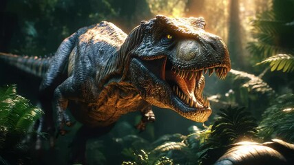 T-Rex is shown in a jungle setting, with its mouth wide open and teeth bared. Concept of danger and excitement, as the T-Rex is a fierce predator in the wild - Powered by Adobe
