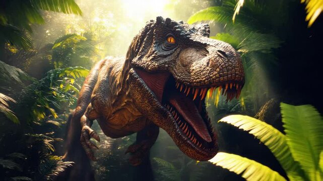 Large T-Rex is shown in a jungle setting, with its mouth wide open and teeth bared. Concept of danger and power, as the massive dinosaur is depicted as a fierce predator in its natural habitat