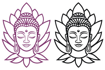 Serene meditating Buddha face, framed by lotus petals, is depicted in simple purple and black lines
