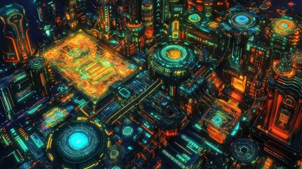 Futuristic Cityscape of glowing, interconnected structures.  Intricate, technological designs dominate the vibrant urban landscape.  Complex network of glowing circuits and pathways