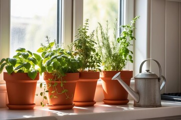 Potted herbs on a windowsill next to a metal watering can 