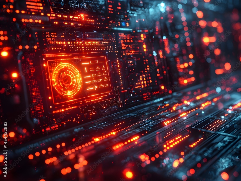 Poster futuristic computer with holographic firewall visuals blocking cyber threats