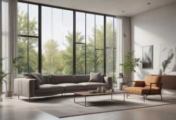 Sleek minimalist living room with large window, modern furniture , living room, light