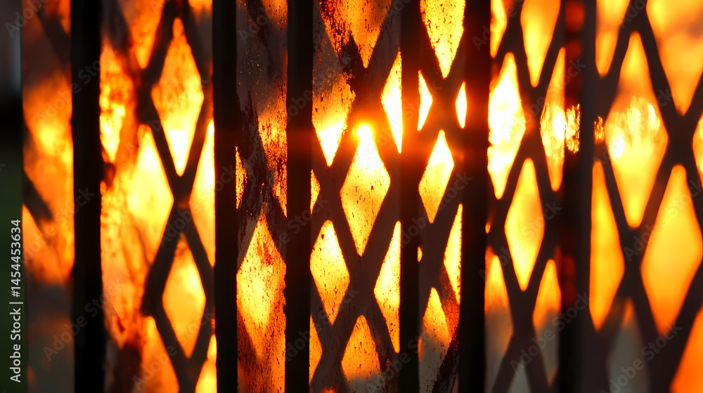 Poster sunlight filtering through a rusty metal grate, creating a warm glow in an urban setting