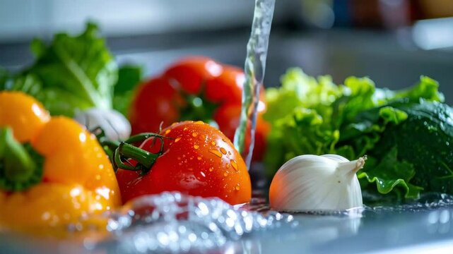 Fresh vegetables tomato garlic bell pepper lettuce cucumber washed with water for vibrant colors and natural freshness to stay healthy daily