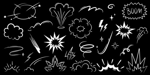 Cartoon effect, boom explosive motion line element set. Hand drawn sketch doodle action effects. Comic boom burst, explosive smoke. Speed line cartoon vector icon on black background.