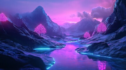 Neon-lit mountain valley at twilight.  Pink and purple hues illuminate the scene, featuring a winding river and snow-capped peaks.  Two glowing trees stand sentinel at the river's edge