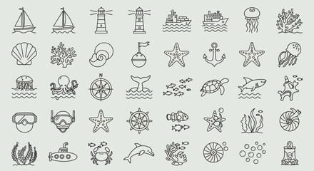 Nautical Line Art Icons Ships Sea Creatures and Diving Gear