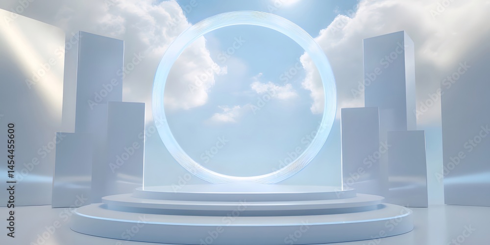 Aufkleber 青い空と雲を背景にした透明な円形構造物と白いプラットフォームの3dレンダリング