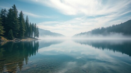 Fototapeta premium Serene lake reflecting misty mountains and evergreen trees under a bright sky