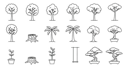Nine Simple Line Art Drawings of Trees Stumps Palm and Potted Plant