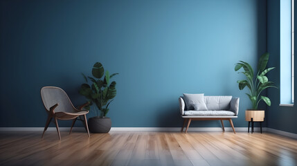 A minimalist living room with a blue wall, wooden floor, and a modern sofa and armchair.