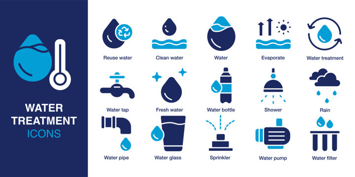 Water treatment icon set. Containing water filter, reuse water, fresh water, pipe, glass, bottle, clean water and more. Solid vector icons collection. Vector illustration.