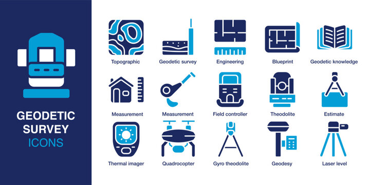 Geodetic survey icon set. Containing topographic, engineering, blueprint, field tools, drone, laser level and more. Solid vector icons collection. Vector illustration.