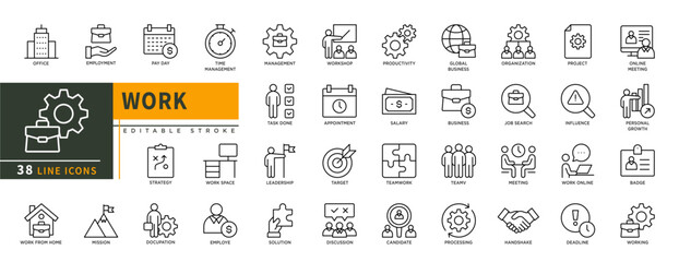 Minimalist Work line icons set with editable stroke, featuring office, pay day, mission, work from home, task done, appointment, target, leadership,  teamwork, busines, badge.thin linear illustration.