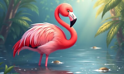 Fototapeta premium Elegant Flamingo Gracefully Posing in Lush Tropical Waters