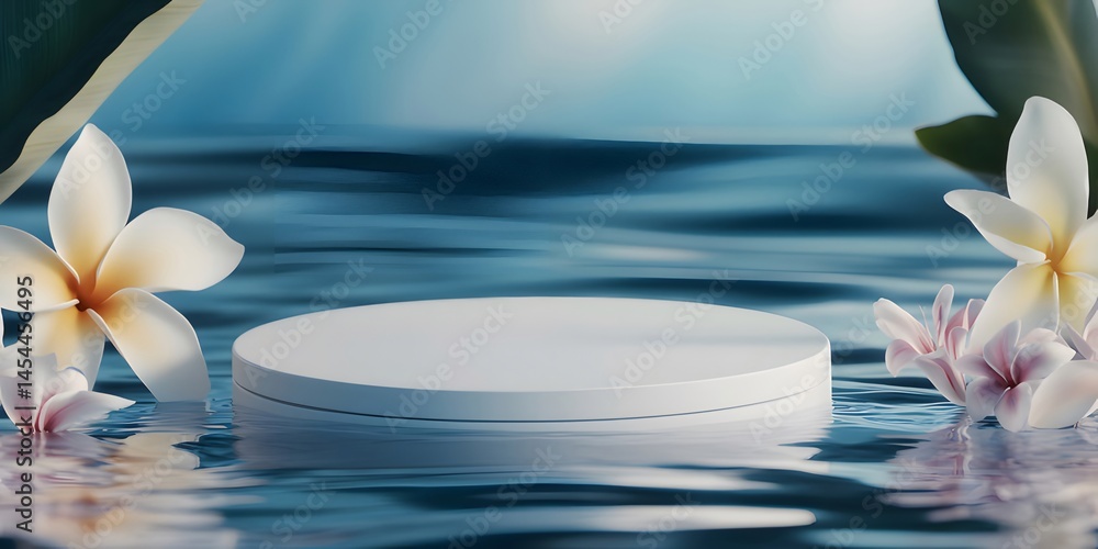 Aufkleber 白い円形プラットフォームと水面に浮かぶプルメリアの花 自然の背景と静かな環境