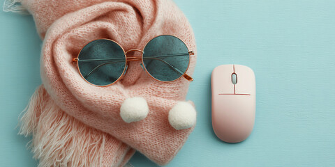 Pastel Accessories Flatlay: Sunglasses, Scarf and Mouse on Blue Background